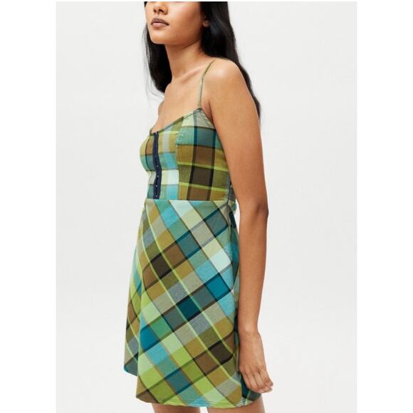 NWT Urban Outfitters Green BLUE Plaid Hook & Eye adjustable Mini Dress Large - Picture 5 of 8